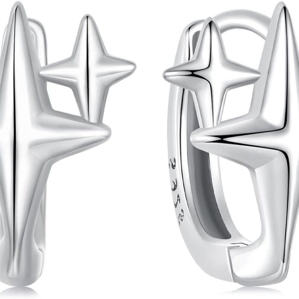 Sterling Silver Huggie Hoop Earrings with Double Star Design for Women